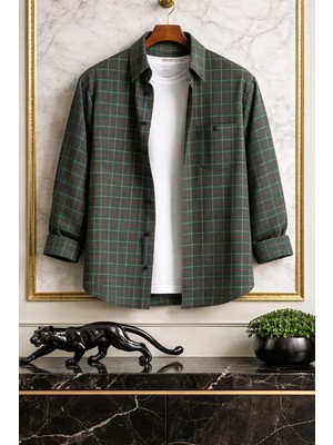 Varetta Erkek Yeşil Kareli Kışlık Yünlü Cepli Geniş Kesim Gömlek