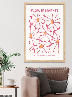 Evine Moda Pembe Çiçek Illüstrasyon Tek Parça Ahşap Çerçeveli Tablo