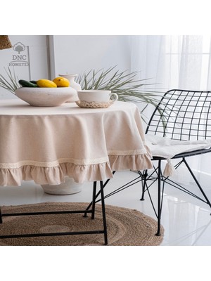 Bej Keten Yuvarlak Fırfırlı Özel Seri Masa Örtüsü
