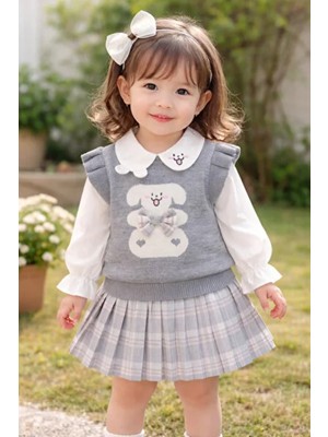 bebexy Tavşan Desenli Süveterli 3'lü Kareli Etekli Takım Gri