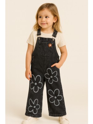 Mini Kanka Çiçek Desenli Kot Salopet Kız Çocuk Tulum – Cepli Şık Günlük Kombin