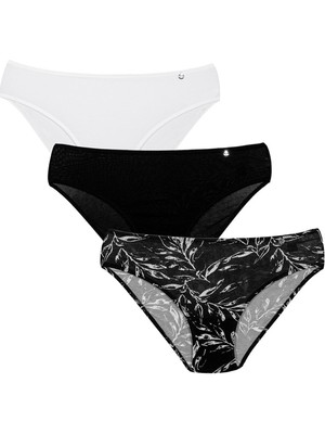 Kom Aleaf Pamuk-Modal 3 Lu Kadın Külot Siyah-Beyaz