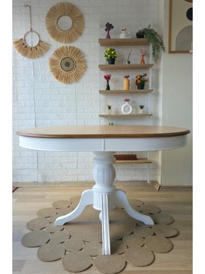 Silla Concept Baba Ayaklı Masa Naturel Ahşap Oval Üst Tablalı Beyaz Ayaklı Açılır Masa(BOY 90 CM/EN 130CM)