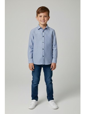 Woorage Erkek Çocuk 1-14 Yaş Çizgili Pamuklu Spor Gömlek Mavi
