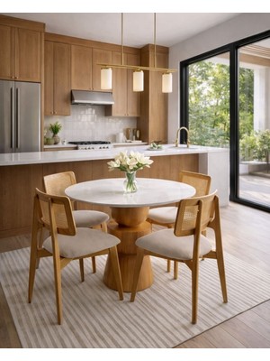 Silla Concept Döküm Mermer Yuvarlak Üst Tablalı Boğum Ayaklı Zion Sandalyeli Naturel Masa Takımı (100 Cm)