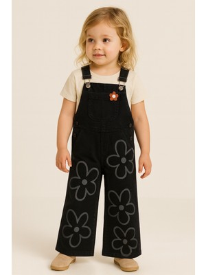 Mini Kanka Çiçek Desenli Kot Salopet Kız Çocuk Tulum – Cepli Şık Günlük Kombin