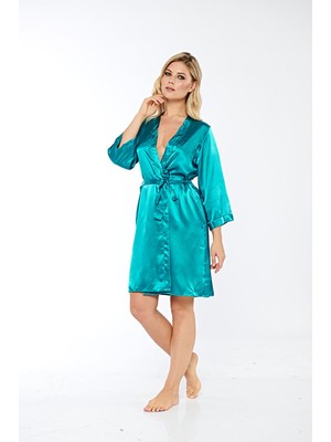 Nyxelle Lingerie Zümrüt Yeşili Ipek Saten Sabahlık - 14009