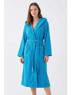 Ender Home Cottonverse Kapüşonlu Bornoz %100 Pamuk Unisex Turkuaz Renkli Antibakteriyel Özellikli