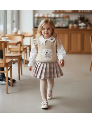 bebexy Tavşan Desenli Süveterli 3'lü Kareli Etekli Takım Pembe