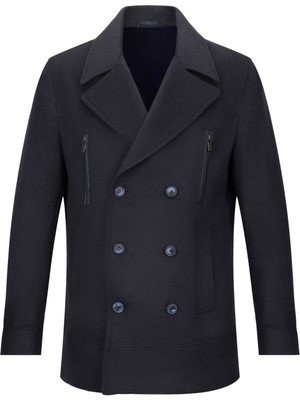 Hatemoğlu Lacivert Slim Fit Kruvaze Yünlü Kaşe Kaban