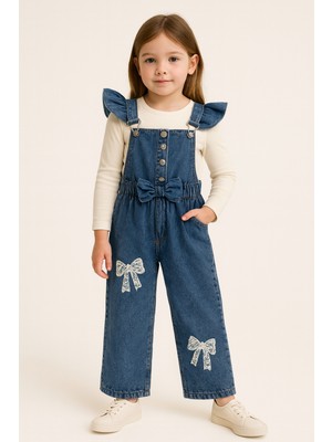 Mini Kanka Çiçek Desenli Kot Salopet Kız Çocuk Tulum – Cepli Şık Günlük Kombin