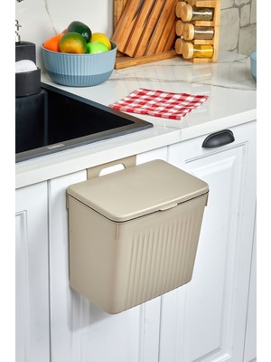 Pazarika Bej 8lt Mutfak Tezgah Üstü ve Dolap Askılı Çöp Kovası