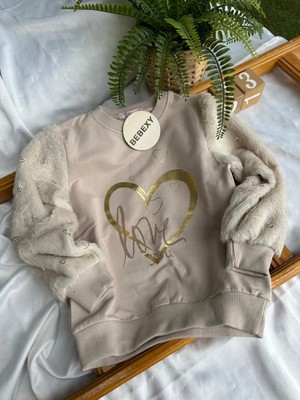 bebexy Kolları Peluş Kalpli Bej Sweat