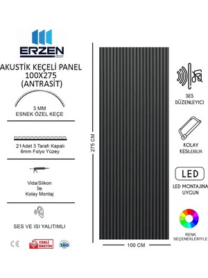 Erzen Door Antrasit Vestiyer Tv Ünitesi Akustik Panel Mdf 100X275