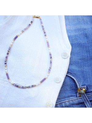 Leylak Ametist Taşlı ve Incili Kalyel Kolye