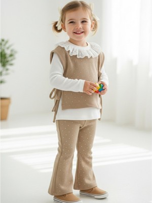 Ege Bebek Kız Çocuk 2-3-+4-5 Taşlı, Hırkalı Badili, Ispanyol Paçalı, Şık Bayramlık 3'lü Alt Üst Takım