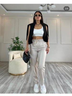 QN Kadın Lastikli Yüksek Bel Bağcıklı Deri Pantolon Krem