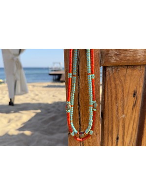 Çiğdem Mercan ve Turkuaz Taşlı Kolye (2’li Takım)