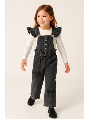 Mini Kanka Fiyonklu Kot Salopet Kız Çocuk Tulum – Cep Detaylı Şık Kombin