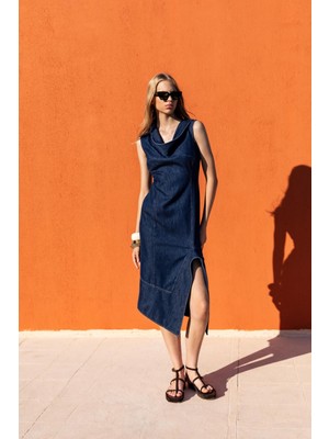 Kameya Yırtmaçlı Denim Elbise 25S40708