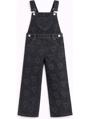 Mini Kanka Kalp Desenli Kot Salopet Kız Çocuk Tulum – Cepli Şık Günlük Kombin