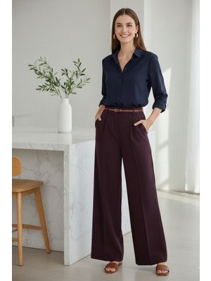 Modeva Global Kadın Bordo Yüksek Bel Palazzo Pantolon – Yarım Lastikli, Cepli, Konforlu Kesim