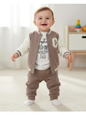 Ege Bebek Erkek Bebek Mevsimlik C Nakışlı 6-9-12-18-24 Ay Kolej Hırkalı Ceketli 3'lü Mevsimlik Alt Üst Takım