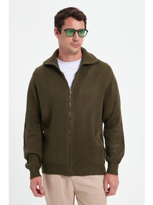 Tudors Erkek Slim Fit Dik Yaka Fermuarlı haki Düz Hırka