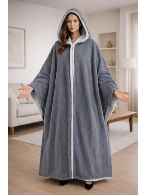 Alpin Çift Taraflı Kapüşonlu Mavi Panço Battaniye – Yumuşak Peluş Dokulu