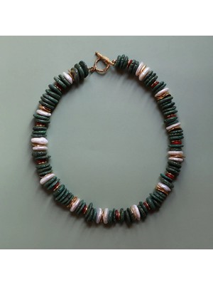 Ariel Turkuaz Taşı, Mercan ve Barok Inci Disk Kesim Kolye