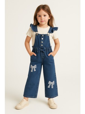 Mini Kanka Fiyonklu Kot Salopet Kız Çocuk Tulum – Cep Detaylı Şık Kombin