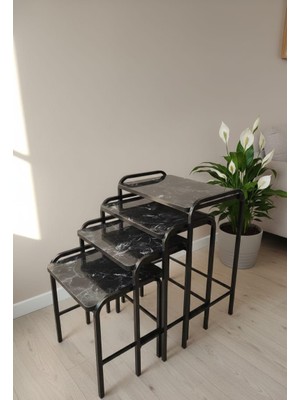 Can Vista Home 4'lü Siyah Mermer Desenli Siyah Ayaklı Dikdörtgen Zigon Sehpa