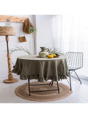 Premium Keten Haki Fırfırlı Yuvarlak Masa Örtüsü
