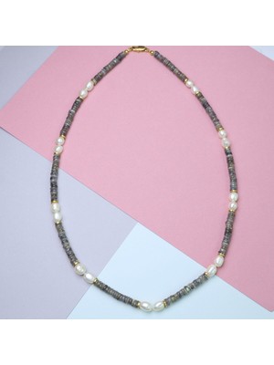 Amour Labradonit Taşlı Incili Kısa Kolye