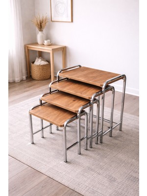 Can Vista Home Ceviz Krom Metal Ayaklı 4'lü Dikdörtgen Zigon Sehpa