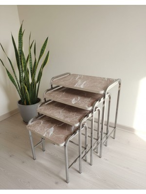 Can Vista Home 4'lü kahve mermer desenli Krom Metal Ayaklı Dikdörtgen Zigon Sehpa