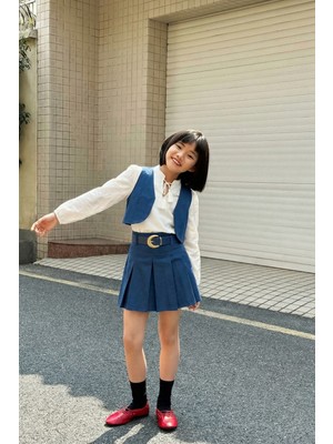 Magu Kız Çocuk Pamuklu Lacivert Yelekli Pileli Etek Takım – Uzun Kollu Bluz Dahil 3'lü