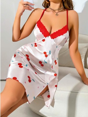 Intive Lingerie Kadın Beyaz Kırmızı Kiraz Desenli Saten Gecelik 2230