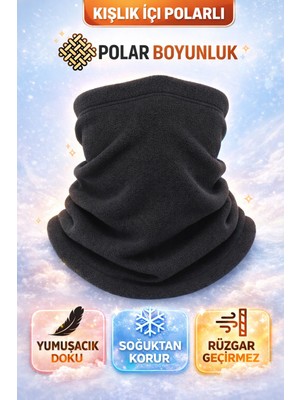 Dudaktan Kalbe Siyah Termal Polar Soğuk Geçirmez Boyunluk Unisex Pamuklu Kışlık Ayarlanabilir Ipli Bere