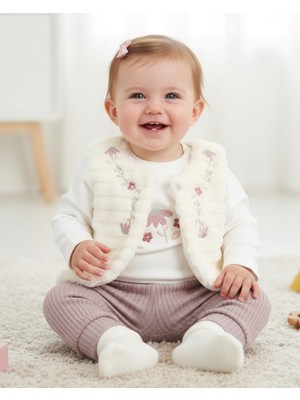 Ege Bebek Kız Bebek Peluş Yelekli, 3'lü Mevsimlik Şık 3-6-9-12-18 Aylık Alt Üst Şık Takım
