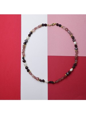 Lal (Garnet)  Taşı & Pembe Kuvars & Inci Kolye