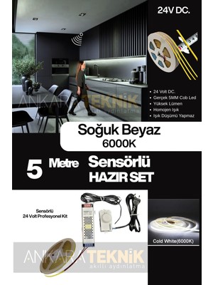 Mutfak Tezgah Altı Cob Şerit LED Hareket Sensörlü 24 Volt 5 Metre 6000K Soğuk Beyaz