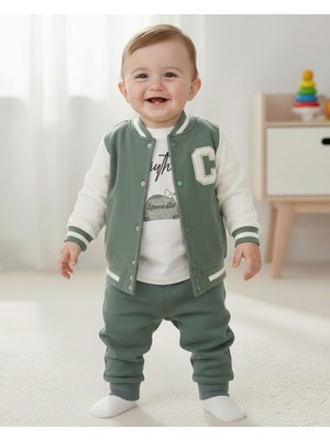 Ege Bebek Erkek Bebek Mevsimlik C Nakışlı 6-9-12-18-24 Ay Kolej Hırkalı Ceketli 3'lü Mevsimlik Alt Üst Takım