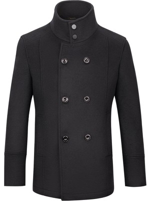 Hatemoğlu Siyah Slim Fit Kruvaze Yünlü Kaşe Kaban
