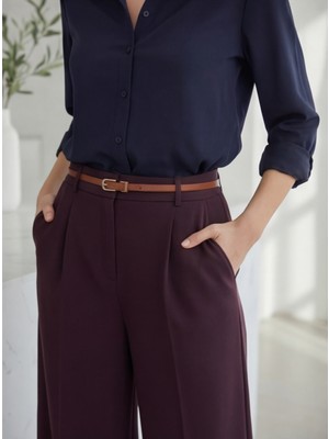 Modeva Global Kadın Bordo Yüksek Bel Palazzo Pantolon – Yarım Lastikli, Cepli, Konforlu Kesim