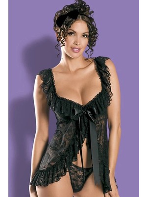 Intive Lingerie Siyah Kenarları Fırfırlı Dantelli Fantazi Gecelik TM1266