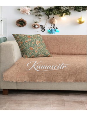 Kumaşçıtr Koltuk Çekyat Örtüsü – Kaymaz Tabanlı Süngerli Kadife Kumaş Cappuccino Rengi Gofraj Baskı 170-205 cm