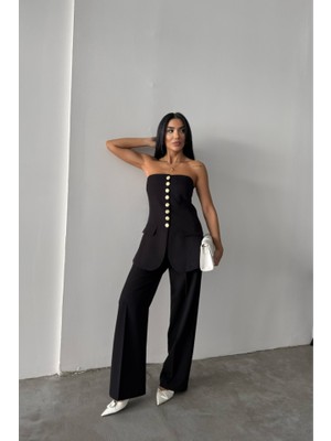 Yeşil Sarmaşık Tasarım Gold Düğmeli Strablezyelek - Siyah