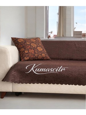 Kumaşçıtr Kaymaz Tabanlı Lüks Kadife Koltuk Kanepe Çekyat Örtüsü - Konforlu Acı Kahve Gofraj Baskı 170-205 cm