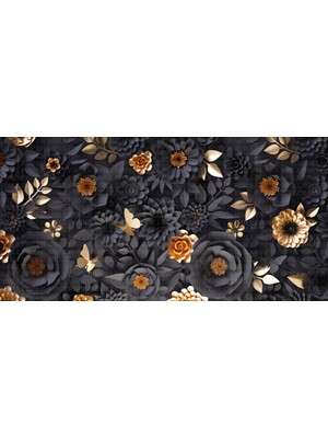 Çizgisel Siyah ve Altın Çiçekler Poster Duvar Kağıdı